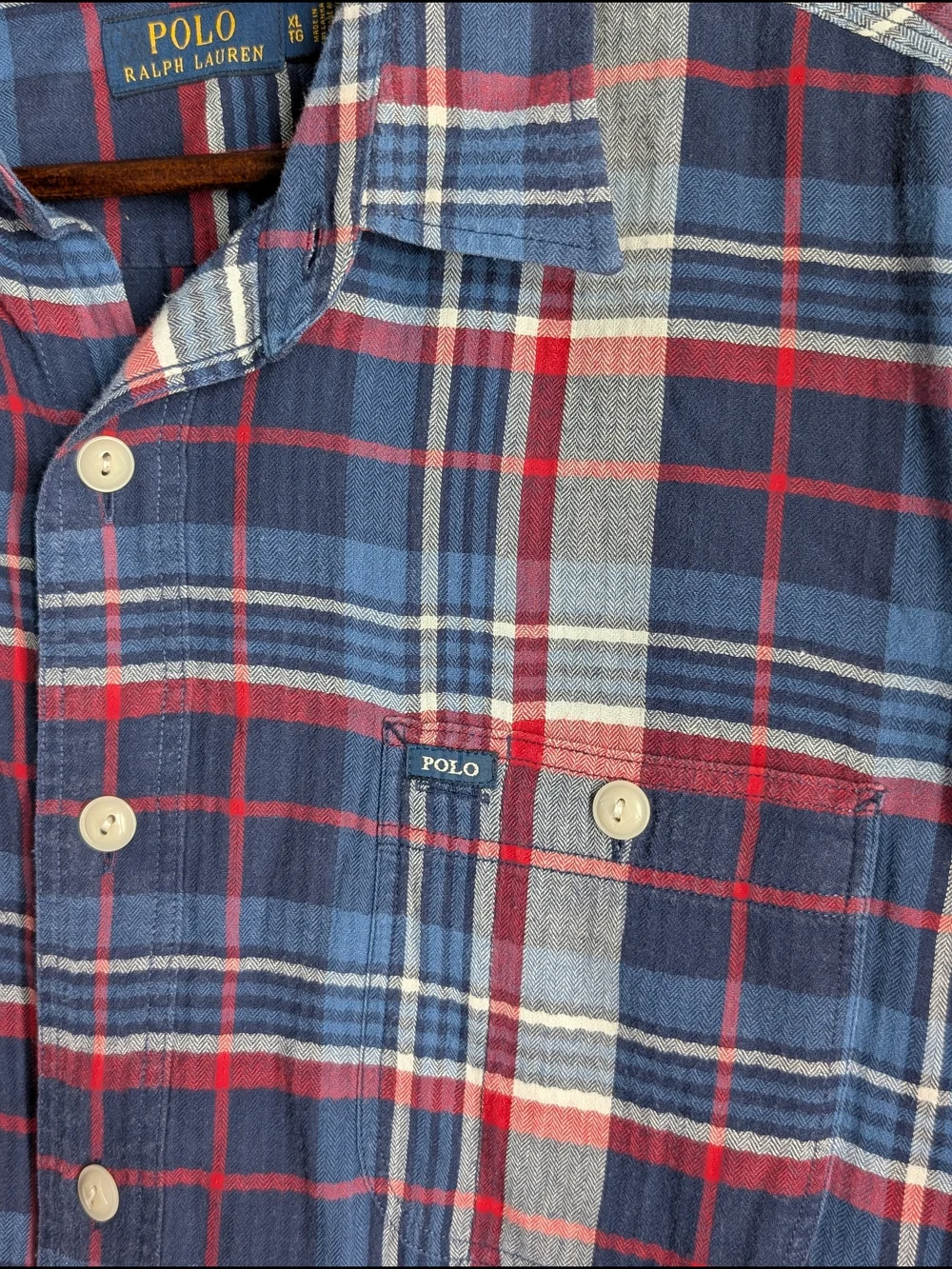 Polo Ralph Lauren Shirt Men XL Short Sleeve Plaid Flannel Button Up Blue Red